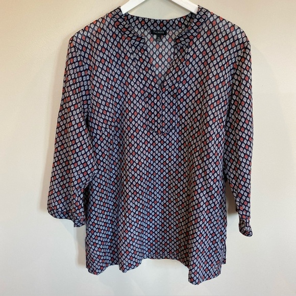 Talbots Womens Black Red 100% Cotton Semi sheer 3/4 Sleeve Blouse Size Xl V Neck - Picture 1 of 6